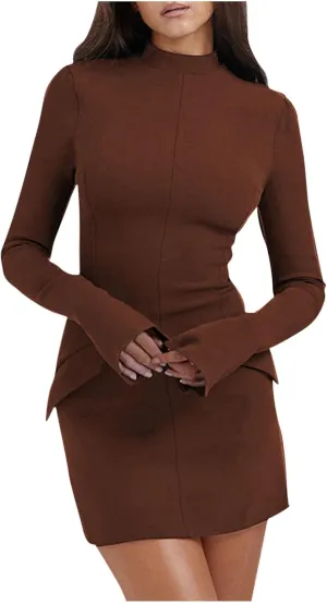 Women's Mini Dresses Business Formal Ruched Tight Fit Flowy Lightweight Basic Casual Dress Long Sleeve Fall Dresses