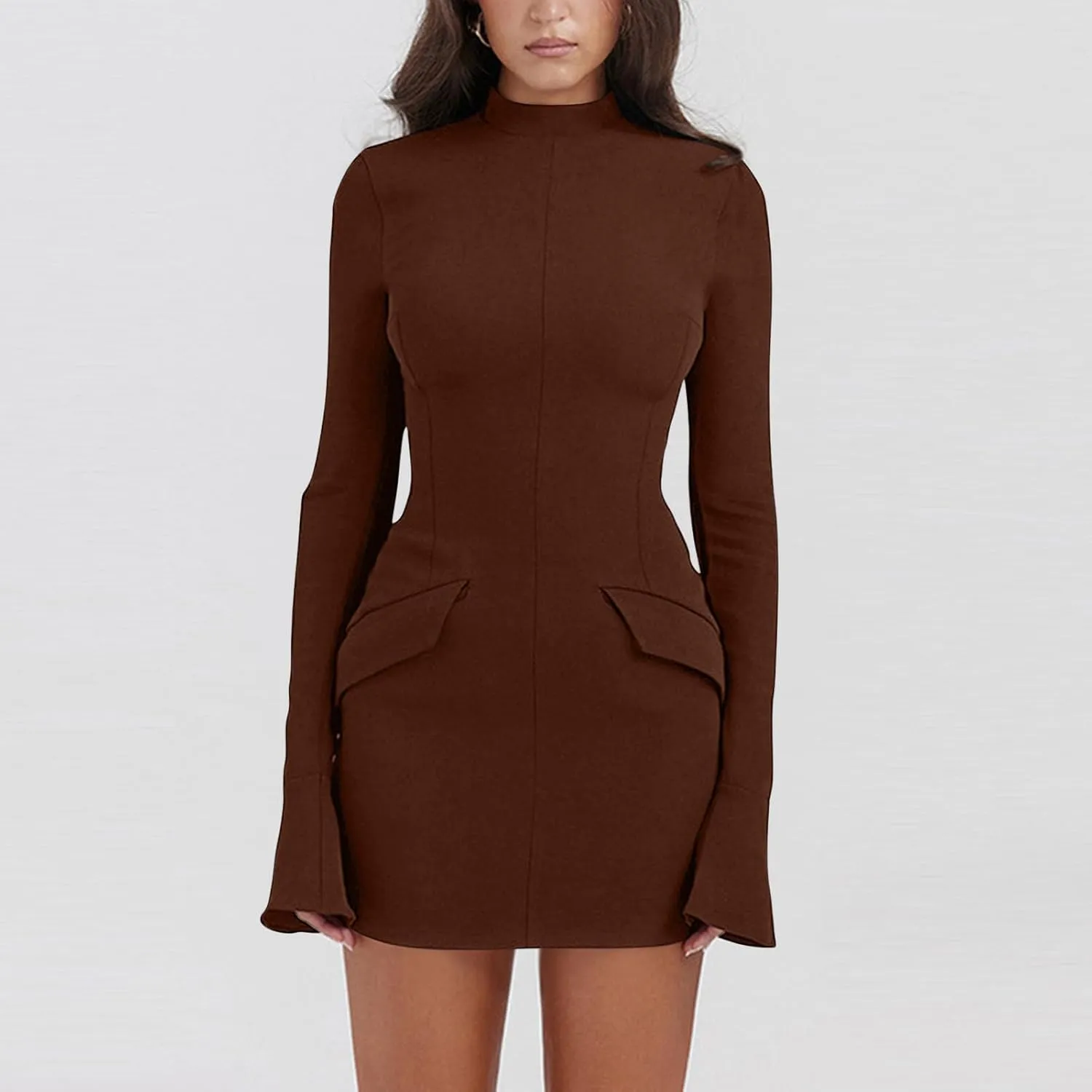 Women's Mini Dresses Business Formal Ruched Tight Fit Flowy Lightweight Basic Casual Dress Long Sleeve Fall Dresses