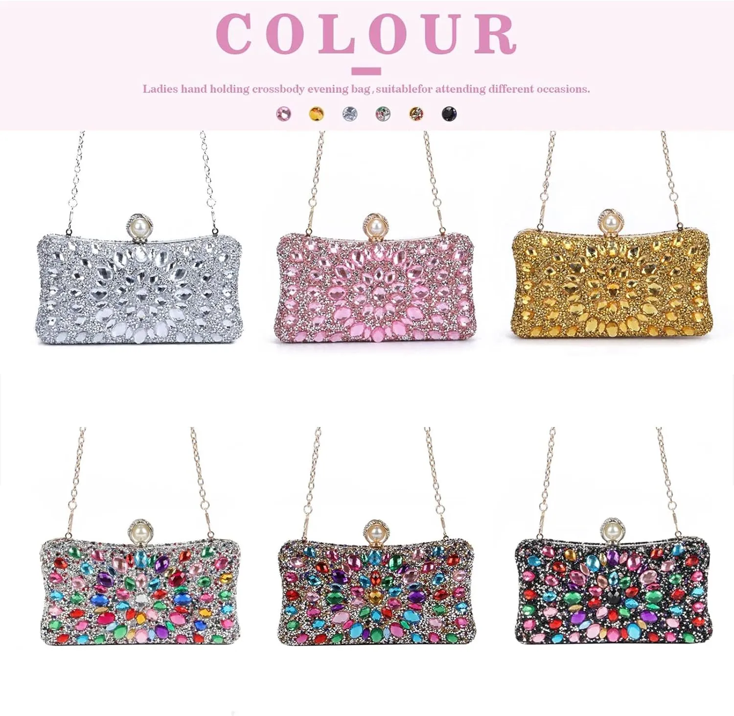Women's Multicolor Rhinestone Evening Clutch Purses with Pearl Clasp Luxury Crystal Prom Chain Strap Shoulder Handbags