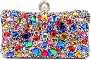 Women's Multicolor Rhinestone Evening Clutch Purses with Pearl Clasp Luxury Crystal Prom Chain Strap Shoulder Handbags