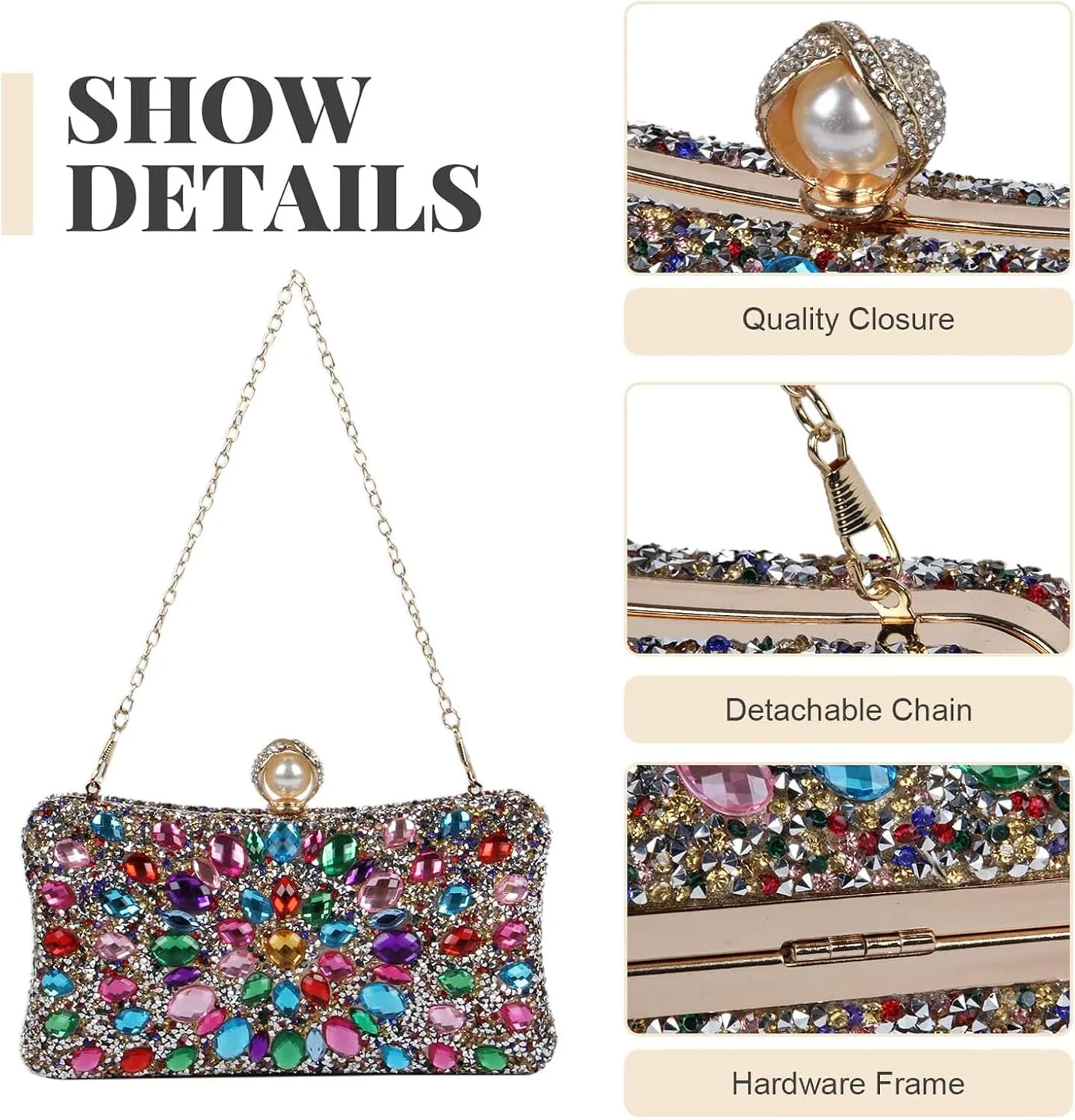 Women's Multicolor Rhinestone Evening Clutch Purses with Pearl Clasp Luxury Crystal Prom Chain Strap Shoulder Handbags