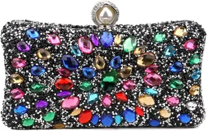 Women's Multicolor Rhinestone Evening Clutch Purses with Pearl Clasp Luxury Crystal Prom Chain Strap Shoulder Handbags