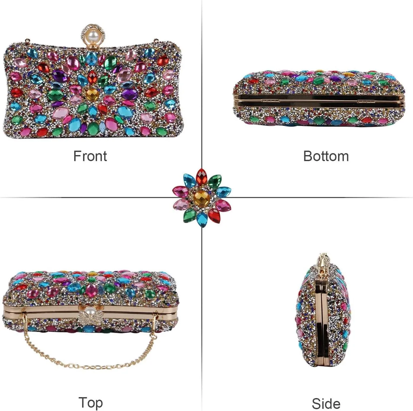 Women's Multicolor Rhinestone Evening Clutch Purses with Pearl Clasp Luxury Crystal Prom Chain Strap Shoulder Handbags