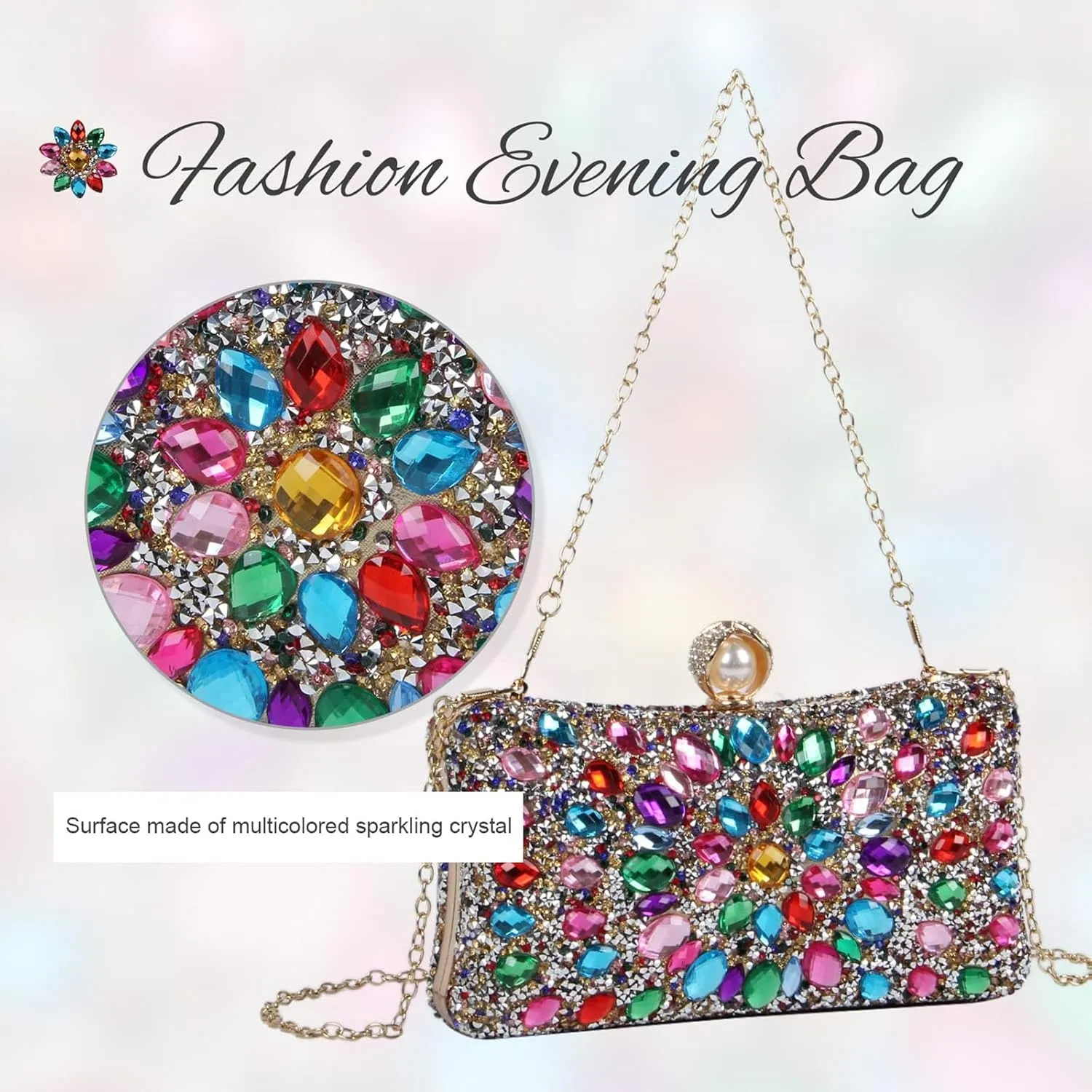 Women's Multicolor Rhinestone Evening Clutch Purses with Pearl Clasp Luxury Crystal Prom Chain Strap Shoulder Handbags