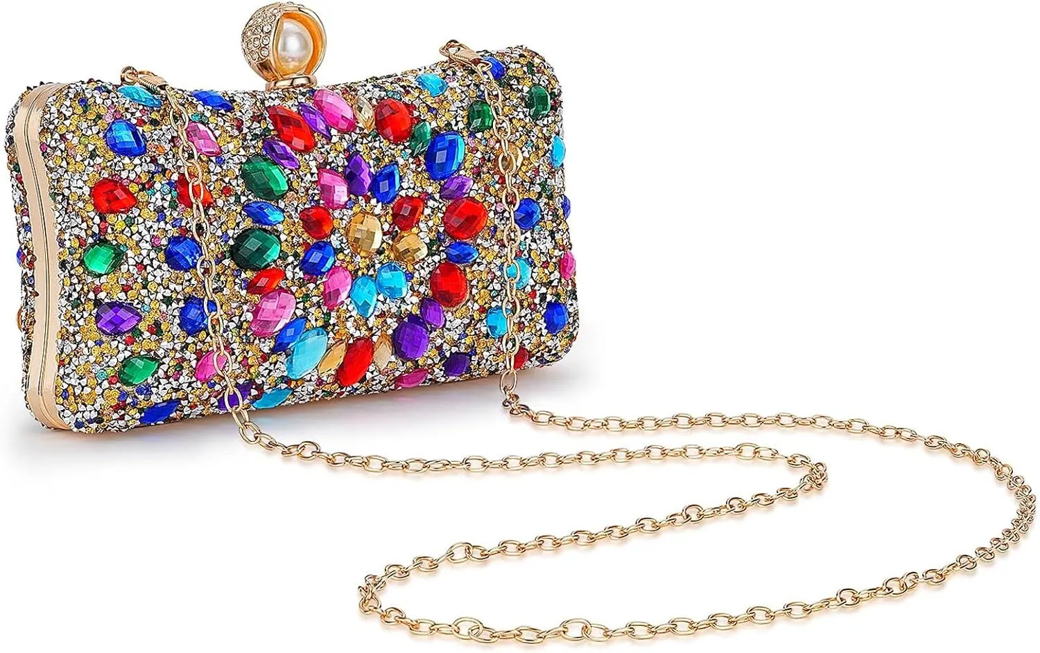 Women's Multicolor Rhinestone Evening Clutch Purses with Pearl Clasp Luxury Crystal Prom Chain Strap Shoulder Handbags