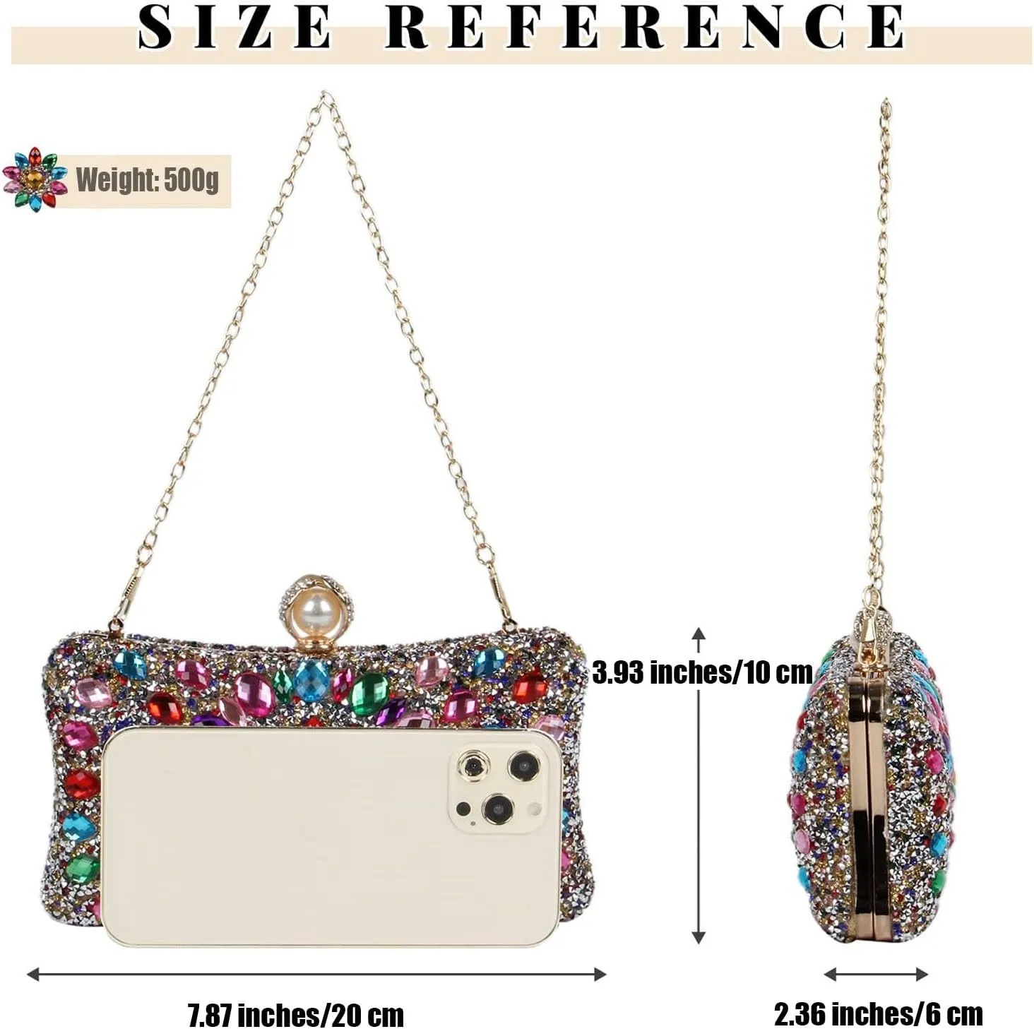 Women's Multicolor Rhinestone Evening Clutch Purses with Pearl Clasp Luxury Crystal Prom Chain Strap Shoulder Handbags