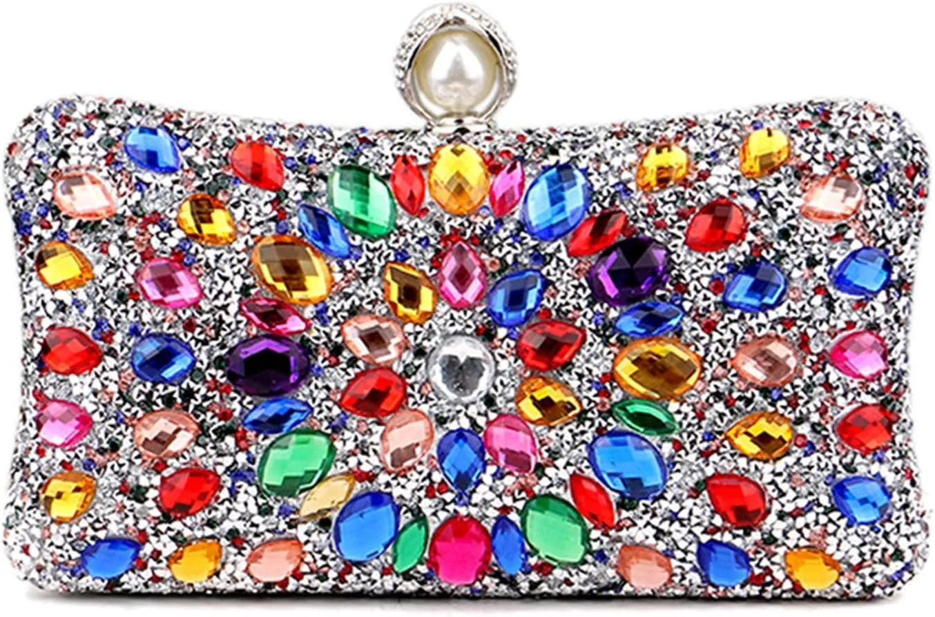 Women's Multicolor Rhinestone Evening Clutch Purses with Pearl Clasp Luxury Crystal Prom Chain Strap Shoulder Handbags