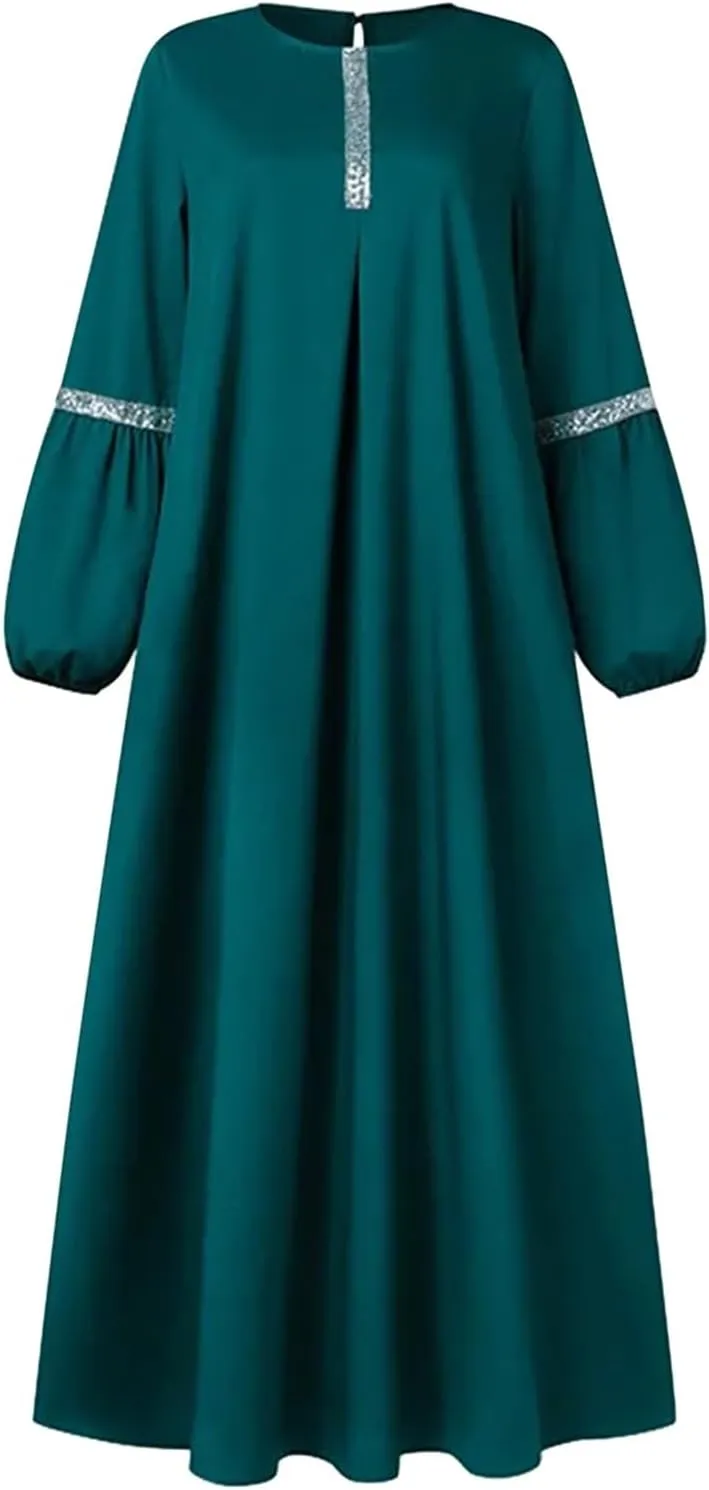 Womens Muslim Dress Casual Lady Loose Long Sleeve Crew Neck Dresses Slim Eid Party Dress Middle East Arabian Robe
