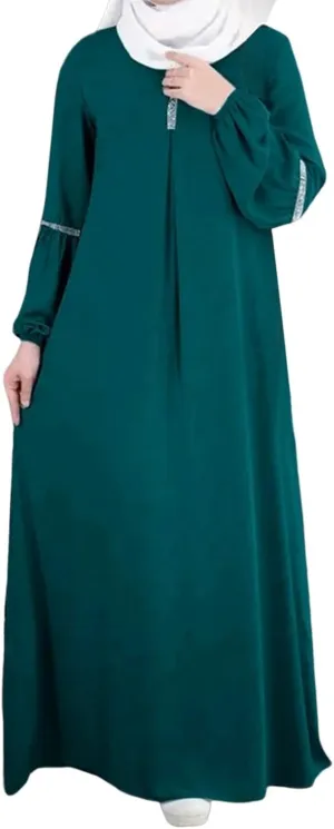 Womens Muslim Dress Casual Lady Loose Long Sleeve Crew Neck Dresses Slim Eid Party Dress Middle East Arabian Robe