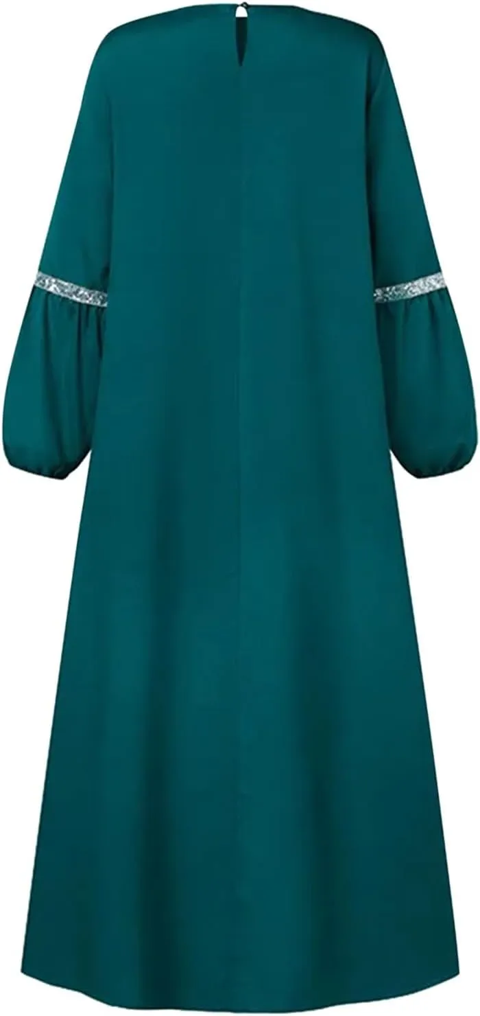 Womens Muslim Dress Casual Lady Loose Long Sleeve Crew Neck Dresses Slim Eid Party Dress Middle East Arabian Robe
