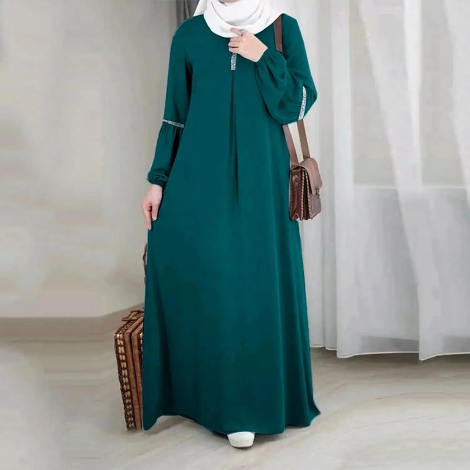 Womens Muslim Dress Casual Lady Loose Long Sleeve Crew Neck Dresses Slim Eid Party Dress Middle East Arabian Robe