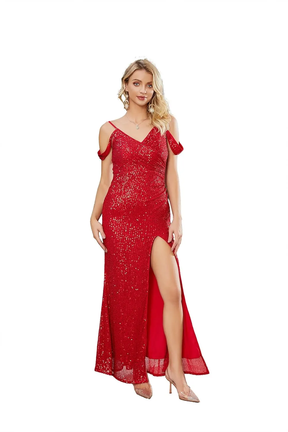Women's Off Shoulder Mermaid Prom Dresses 2024 Long Sequin Formal Evening Gowns with Slit