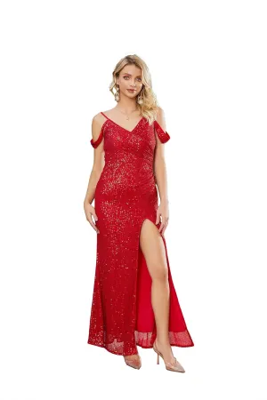 Women's Off Shoulder Mermaid Prom Dresses 2024 Long Sequin Formal Evening Gowns with Slit