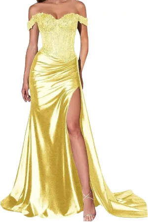Women's Off Shoulder Satin Prom Dress Long Split Evening Gown Pleated Robe for Soiree Special