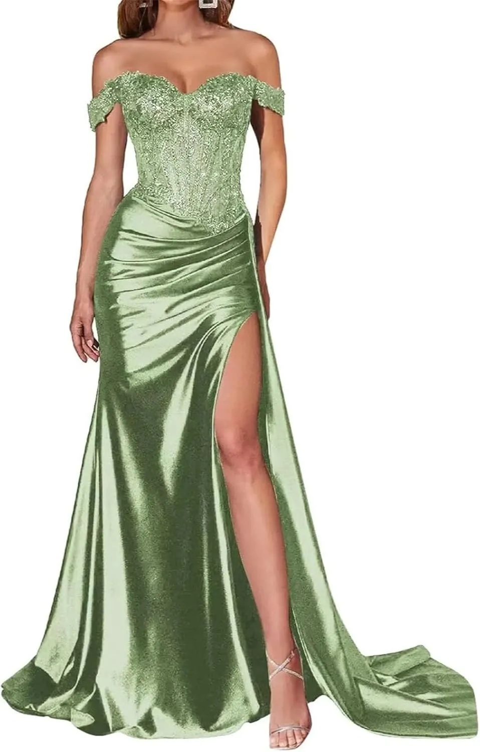 Women's Off Shoulder Satin Prom Dress Long Split Evening Gown Pleated Robe for Soiree Special
