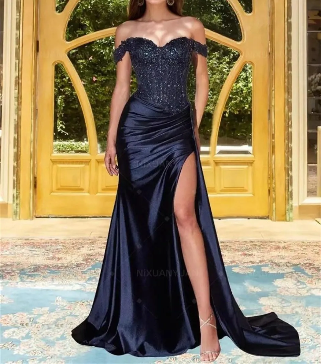 Women's Off Shoulder Satin Prom Dress Long Split Evening Gown Pleated Robe for Soiree Special