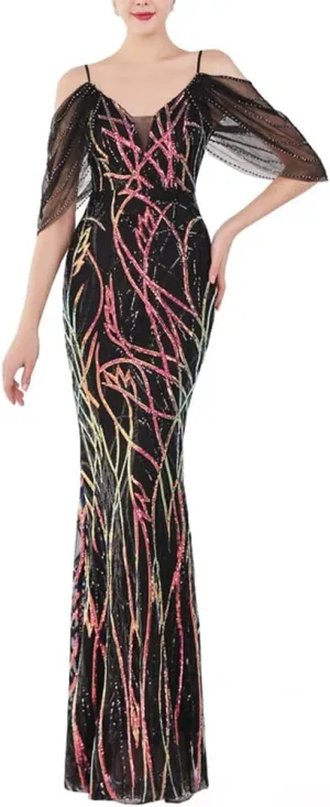 Women's Off Shoulder Sequins Floor-Length Mermaid Evening Dress