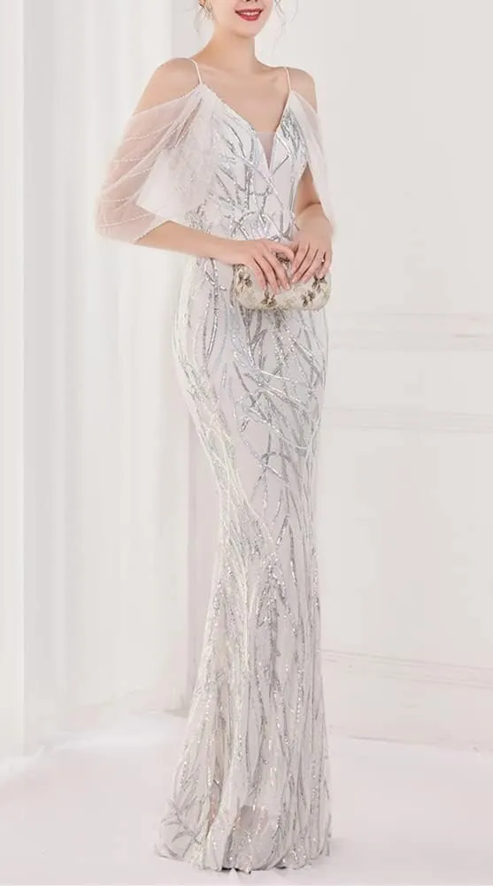 Women's Off Shoulder Sequins Floor-Length Mermaid Evening Dress