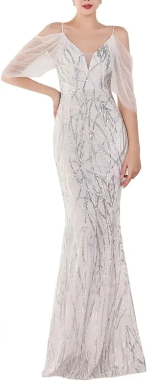 Women's Off Shoulder Sequins Floor-Length Mermaid Evening Dress