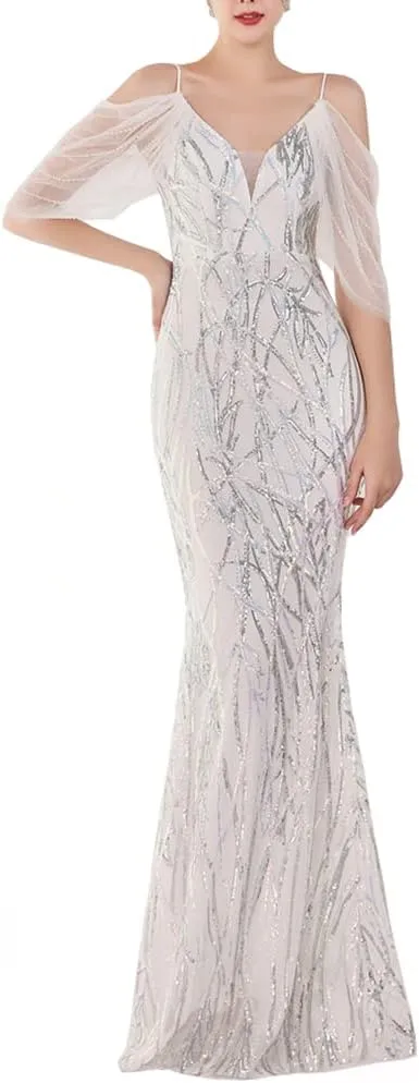 Women's Off Shoulder Sequins Floor-Length Mermaid Evening Dress