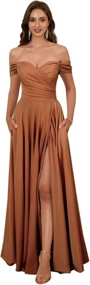 Women's Off The Shoulder Bridemaid Dresses Satin Formal Dress Maxi Evening Gown