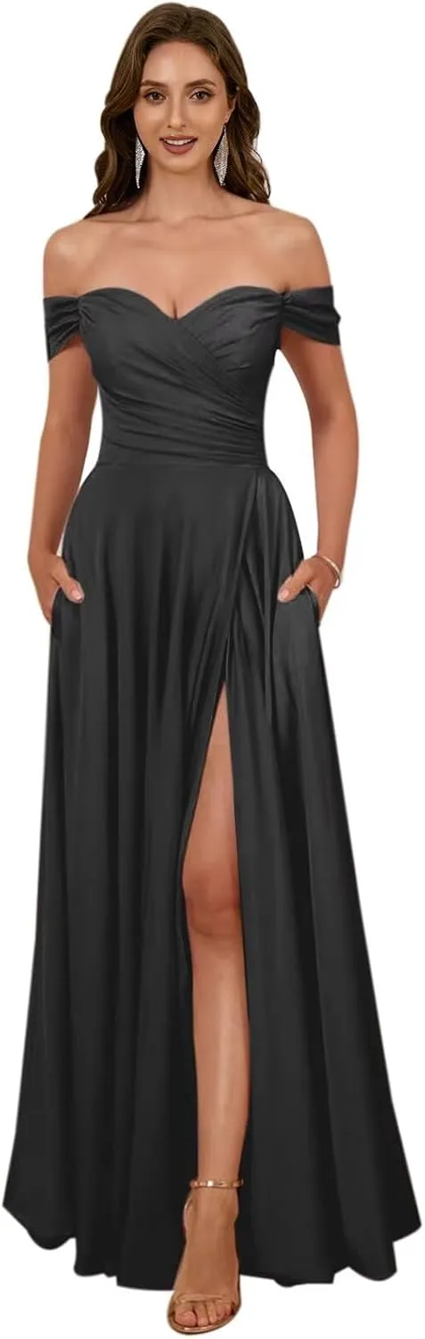 Women's Off The Shoulder Bridemaid Dresses Satin Formal Dress Maxi Evening Gown
