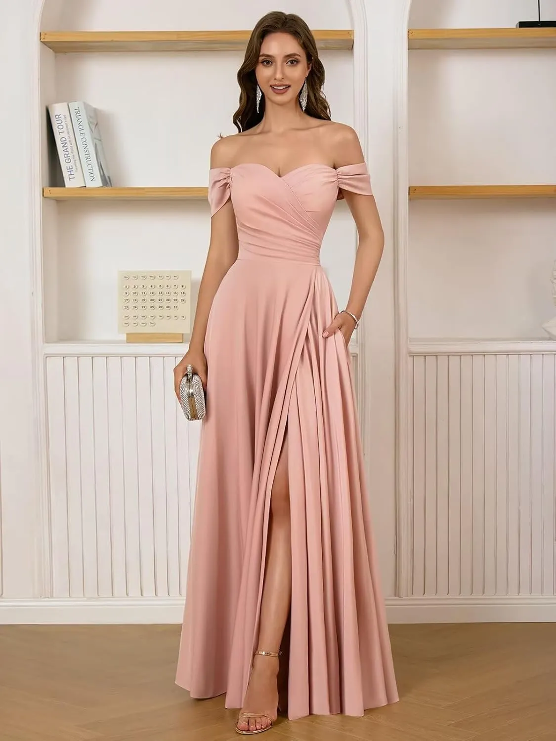 Women's Off The Shoulder Bridemaid Dresses Satin Formal Dress Maxi Evening Gown