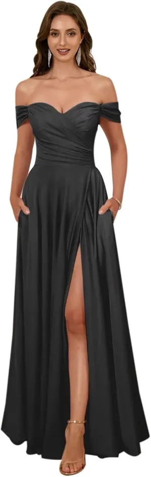 Women's Off The Shoulder Bridemaid Dresses Satin Formal Dress Maxi Evening Gown
