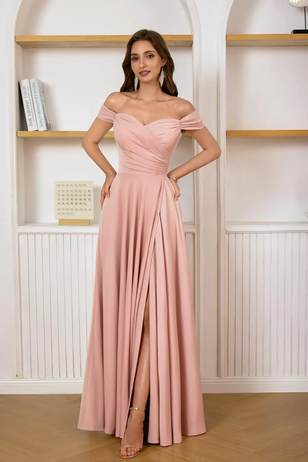 Women's Off The Shoulder Bridemaid Dresses Satin Formal Dress Maxi Evening Gown