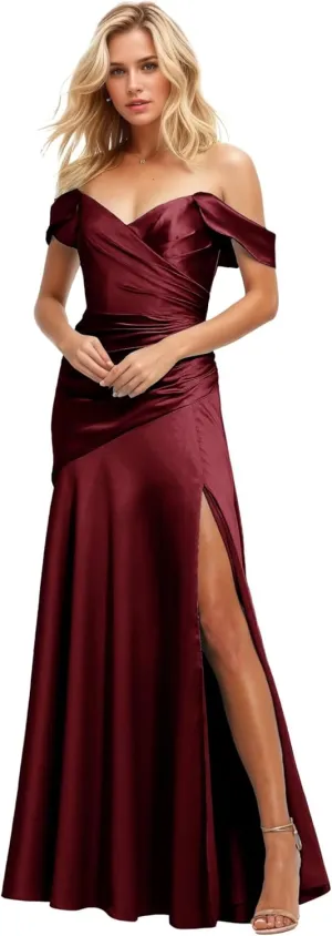 Women's Off The Shoulder Satin Formal Prom Dress with Slit Ruched A Line Bridesmaid Dresses