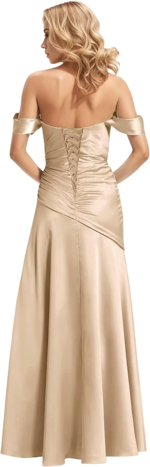 Women's Off The Shoulder Satin Formal Prom Dress with Slit Ruched A Line Bridesmaid Dresses