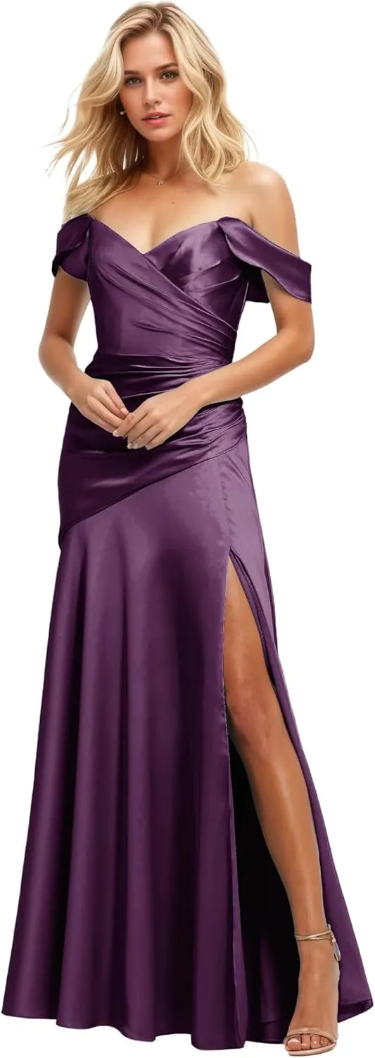 Women's Off The Shoulder Satin Formal Prom Dress with Slit Ruched A Line Bridesmaid Dresses