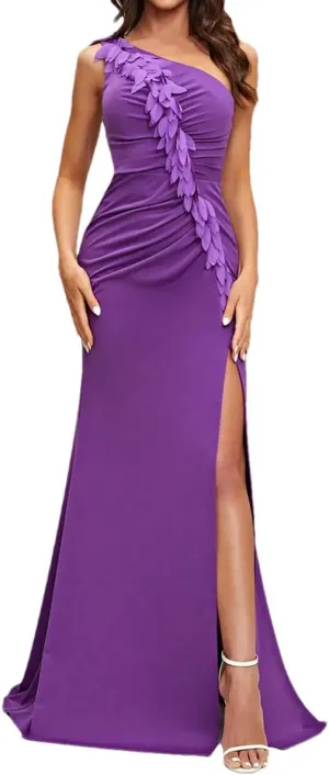 Women's One-Shoulder Asymmetric Pleats High Split Fishtail Dress Backless Sleeveless Evening Gown