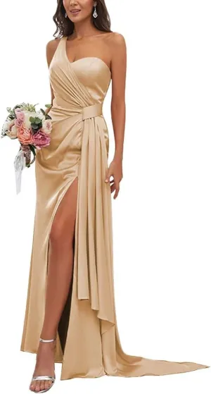 Women's One Shoulder Bridesmaid Dresses Waist Pleated Mermaid Prom Dresses Formal