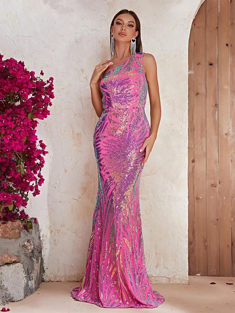 Women's One Shoulder Holographic Sequin Dresses Evening Gown Formal Prom Maxi Dress