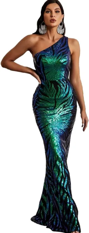 Women's One Shoulder Holographic Sequin Dresses Evening Gown Formal Prom Maxi Dress