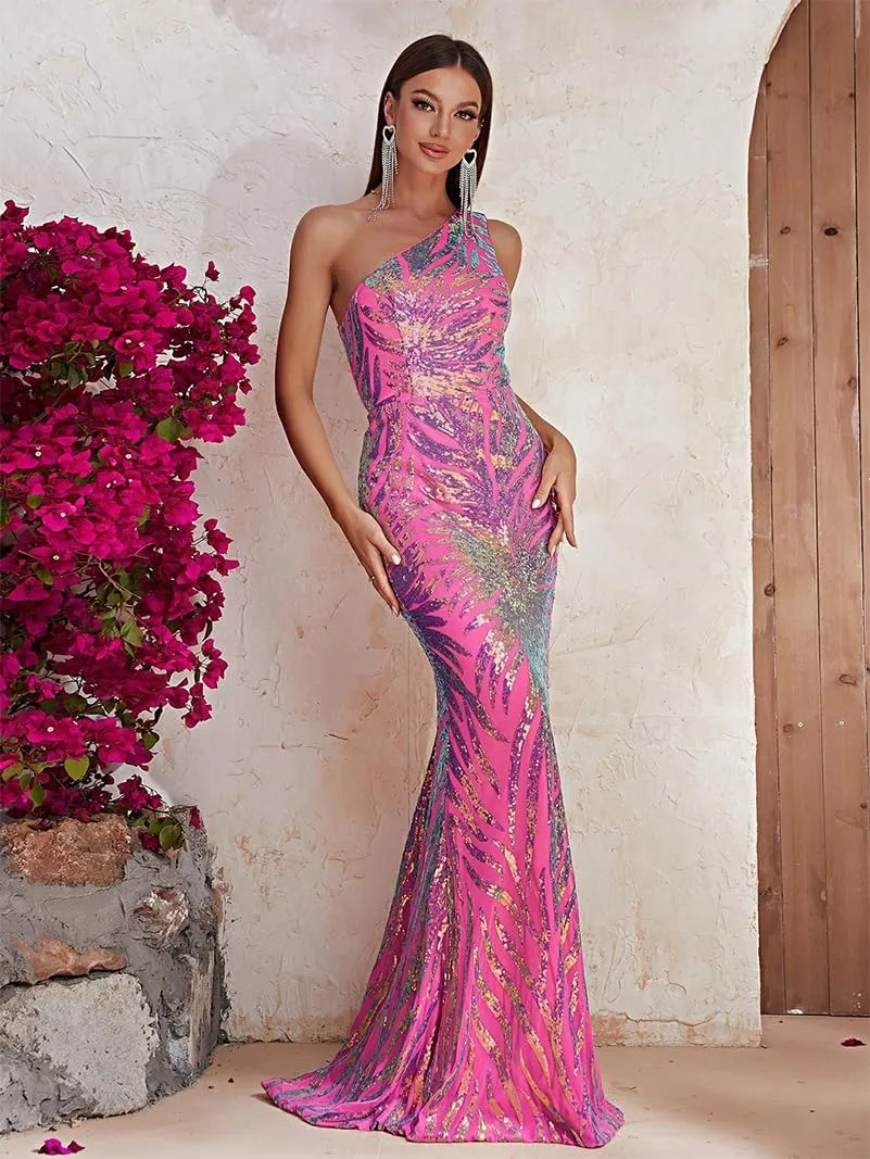 Women's One Shoulder Holographic Sequin Dresses Evening Gown Formal Prom Maxi Dress