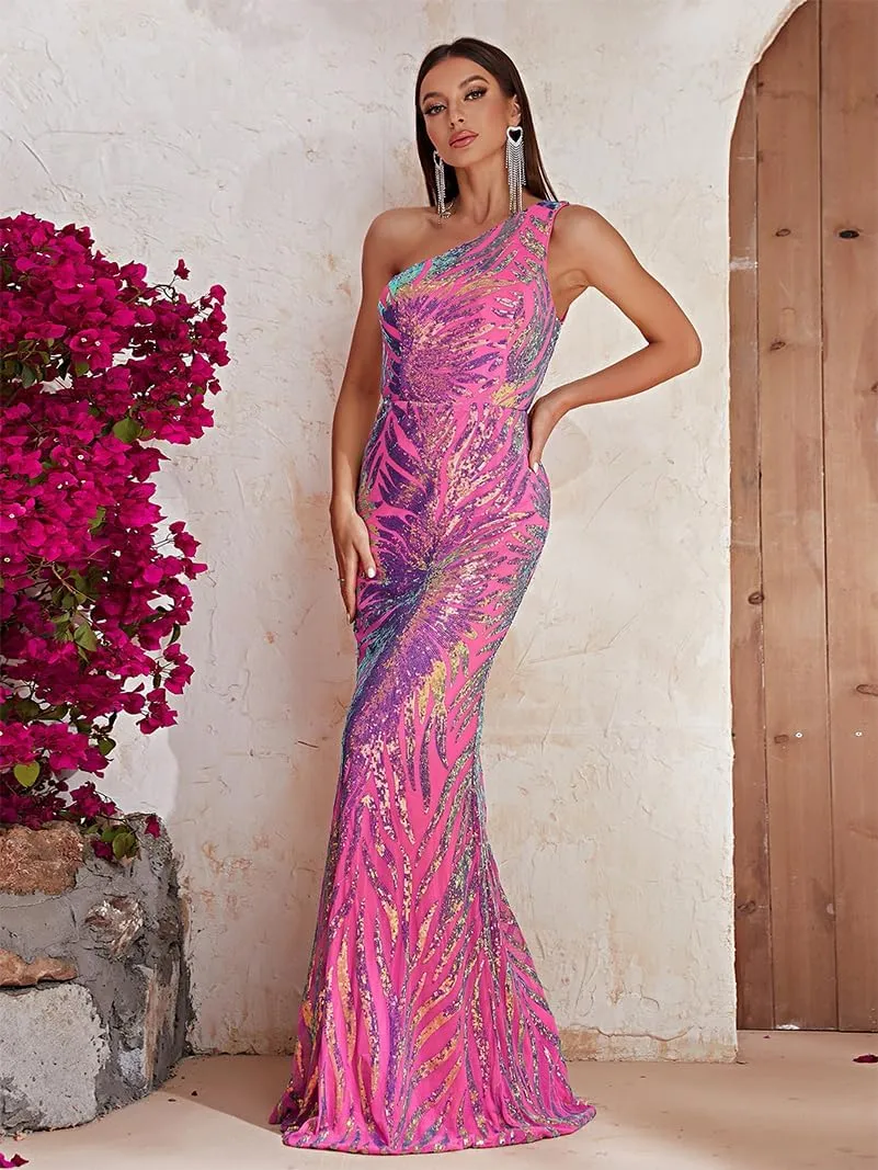 Women's One Shoulder Holographic Sequin Dresses Evening Gown Formal Prom Maxi Dress