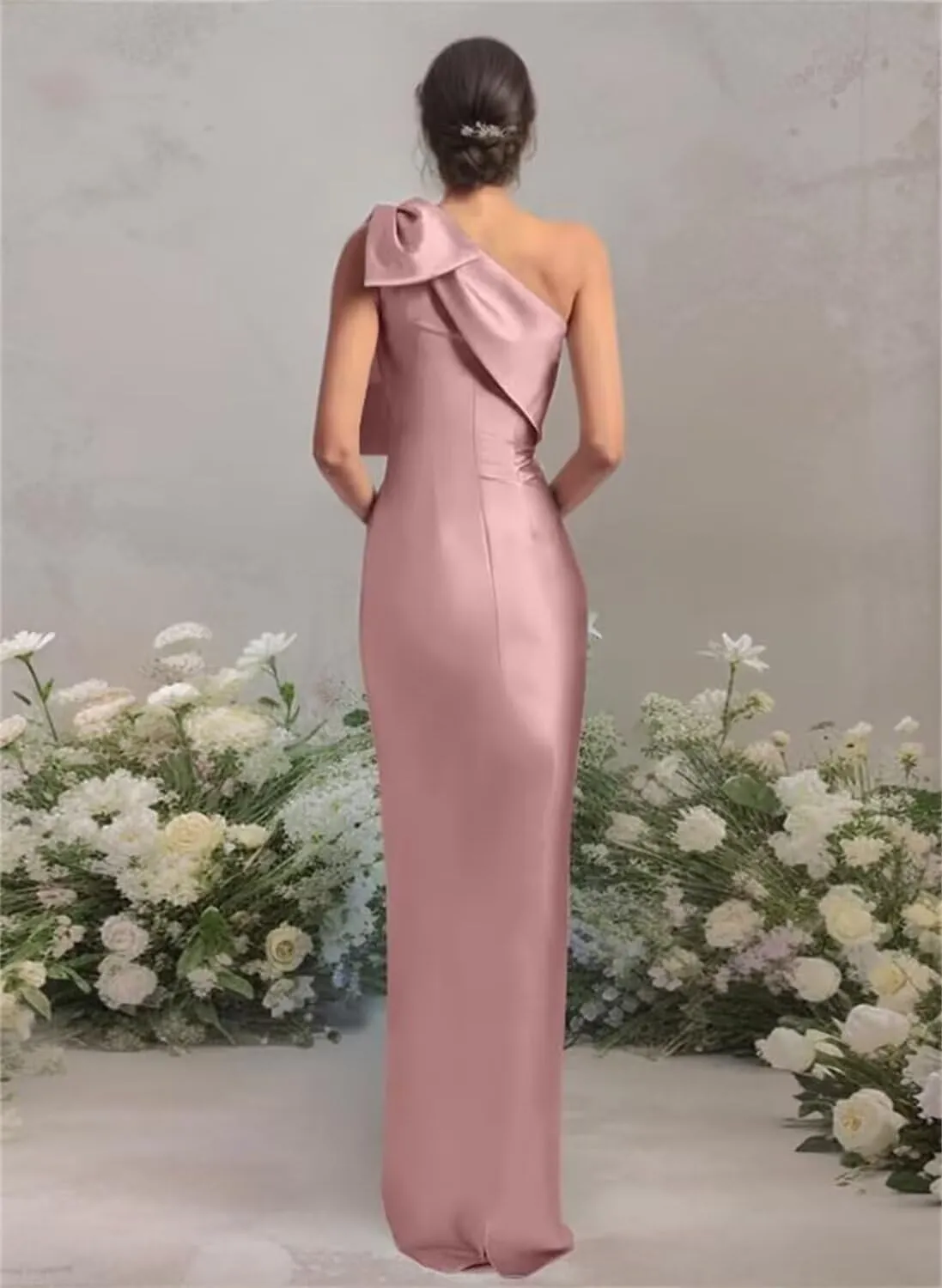 Women's One Shoulder Prom Dress with Bow Long Slit Mermaid Bridesmaid Dresses Ruched Satin Formal Evening Gown WO052