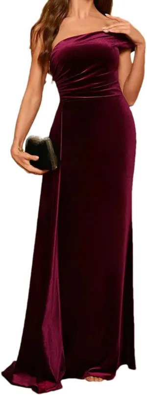 Women's One Shoulder Ruched Waist Party Dress Sleeveless Prom Dresses