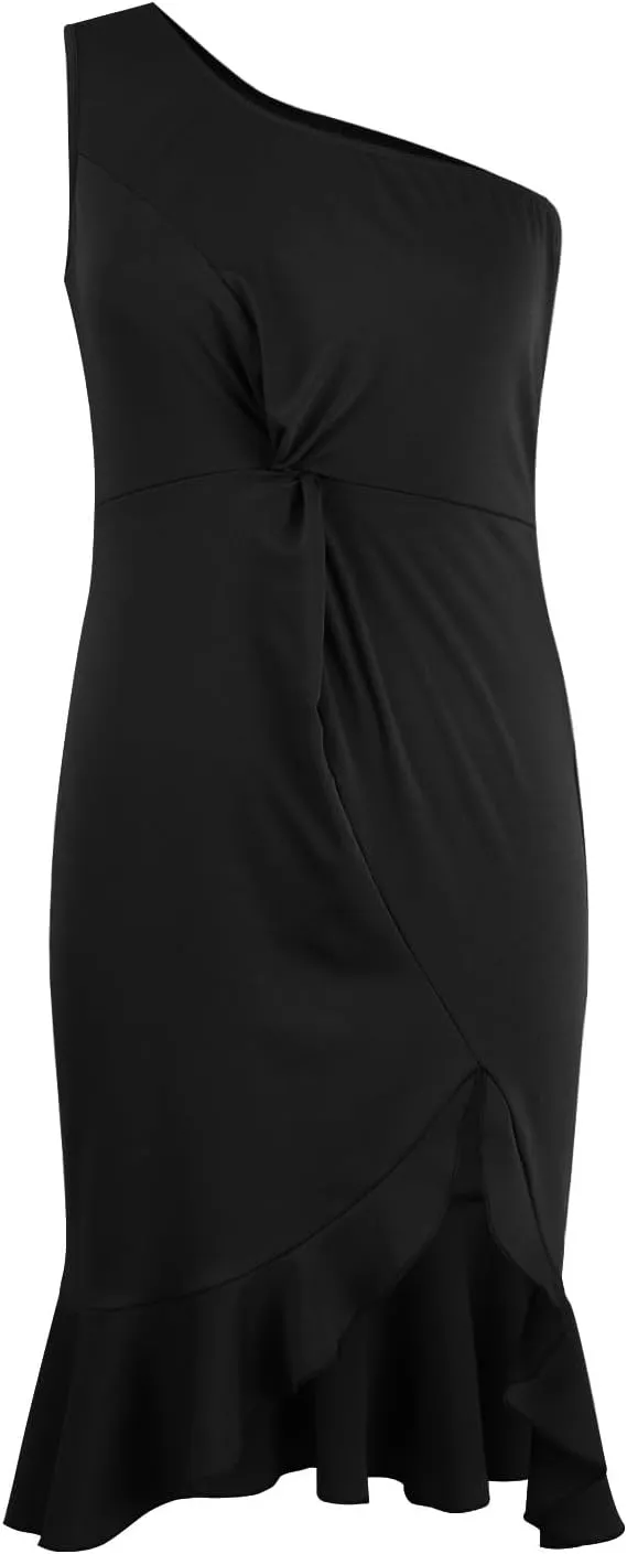 Womens One Shoulder Ruffle Formal Dress Sexy Summer Sleeveless Bodycon Ruched Wrap Split Cocktail Dresses