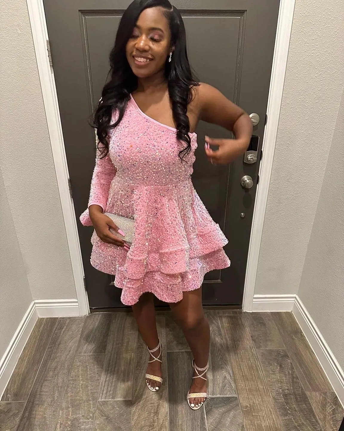 Women's One Shoulder Sequin Homecoming Dresses Short Sparkly Layered Long Sleeve Prom Party Gown