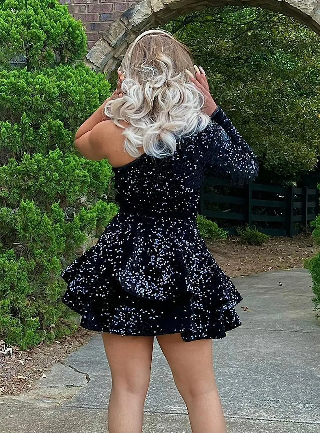 Women's One Shoulder Sequin Homecoming Dresses Short Sparkly Layered Long Sleeve Prom Party Gown