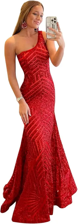 Womens One Shoulder Sequin Mermaid Corset Prom Dresses for Teens Sparkly Long Formal Evening Ball Gown ZN012