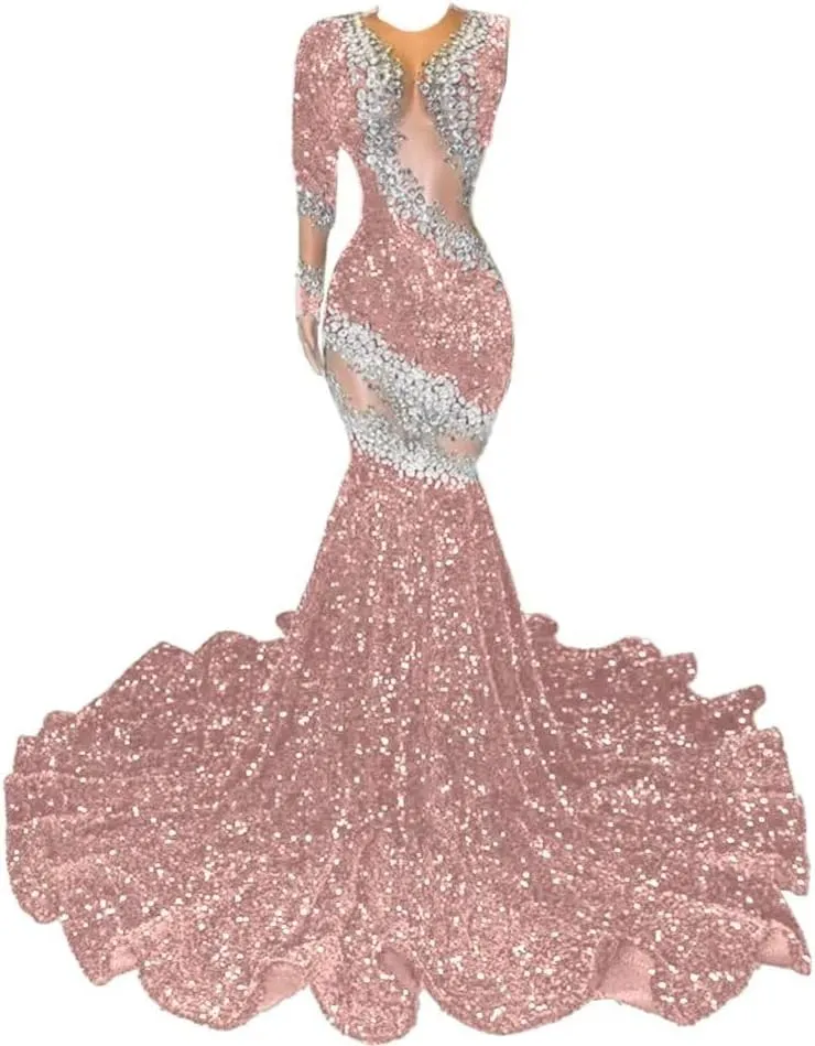 Women's One Shoulder Sparkly Crystal Tulle Dress Sun Ball Mermaid Sequin Party Evening Gown Celebrity Pageant Prom Dress