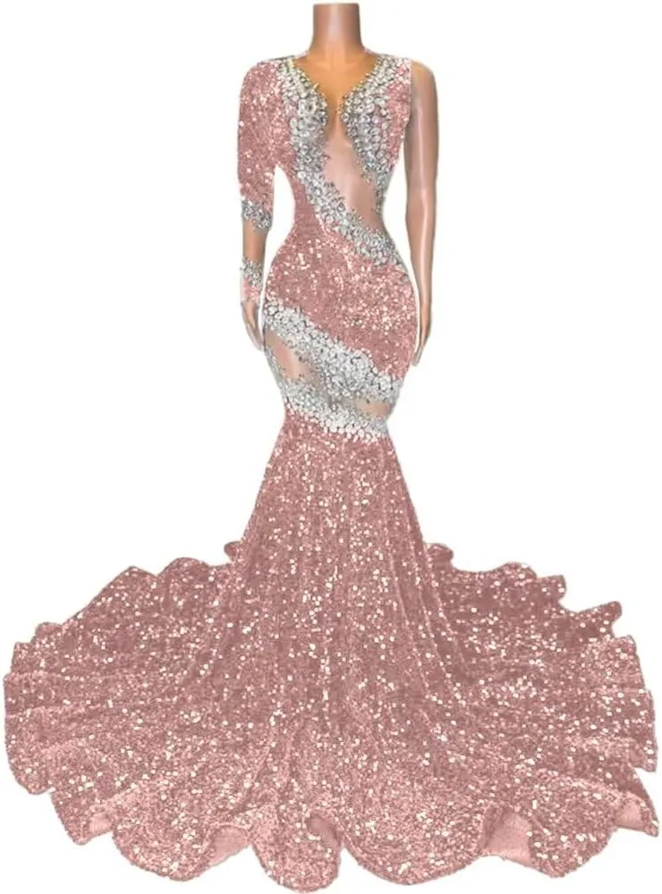 Women's One Shoulder Sparkly Crystal Tulle Dress Sun Ball Mermaid Sequin Party Evening Gown Celebrity Pageant Prom Dress