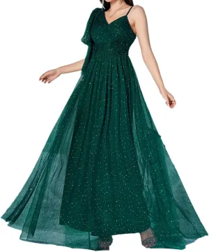 Women's One Shoulder V-Neck Sequin Mesh Formal Evening Dress Party Prom Dresses