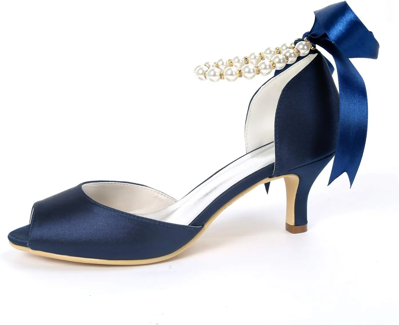 Women's Open Toe Satin Wedding Shoes for Bride Pearl Heeled Bridal Shoes Evening Party Dress Pumps White
