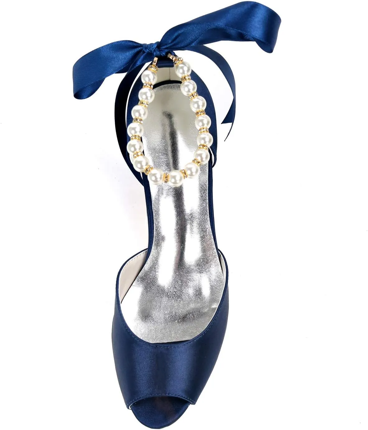 Women's Open Toe Satin Wedding Shoes for Bride Pearl Heeled Bridal Shoes Evening Party Dress Pumps White