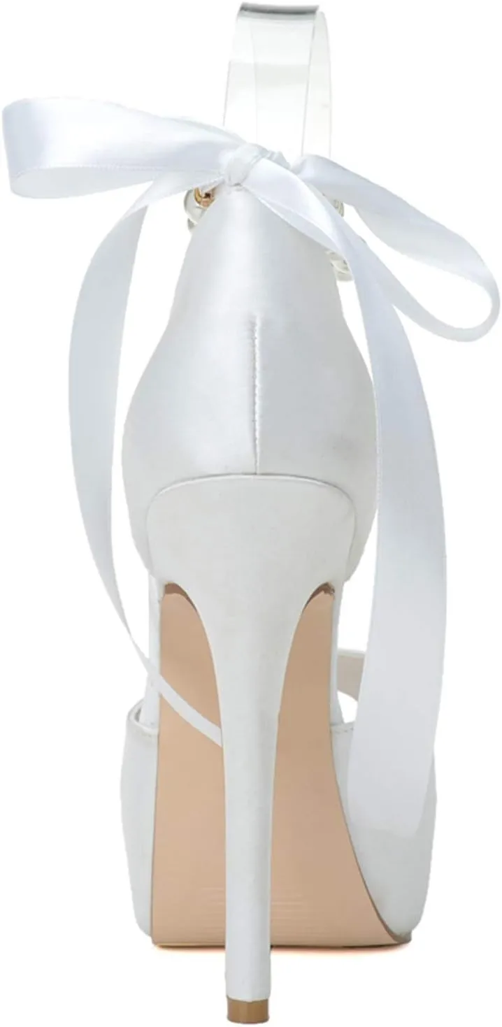 Women's Open Toe Satin Wedding Shoes for Bride Pearl Heeled Bridal Shoes Evening Party Dress Pumps White